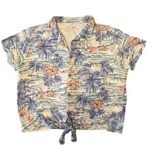 Faherty Blue Palm Print Tie-Front Crop Top